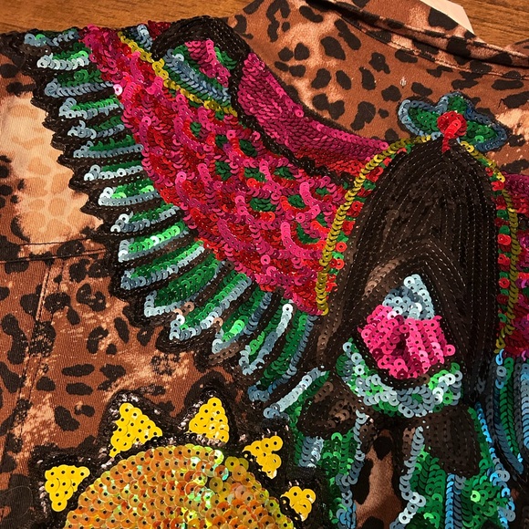 Cheetah Print Bleached Third Eye Sequin Jean Canvas Jacket Boutique NWT - Picture 5 of 6